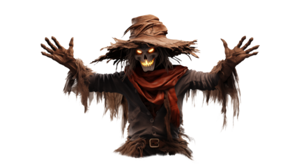 Eerie scarecrow with glowing eyes, perfect for Halloween themed projects, horror designs, or spooky seasonal events that need a touch of frightening imagery