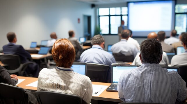 Business Professionals Attending Seminar with Speaker and Screen Display in Modern Conference Room Setting