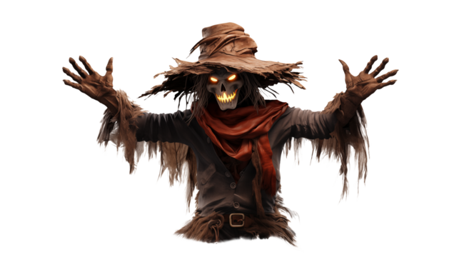 Eerie scarecrow with glowing eyes, perfect for Halloween themed projects, horror designs, or spooky seasonal events that need a touch of frightening imagery