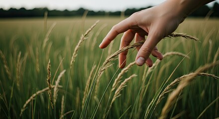 Gentle Hand Brushing Through Tall Grasses in Soft, Natural Light