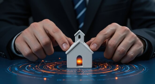 A man's hands cover a small model of a church with glowing light. Concept of protecting religious faith and sacred spaces.