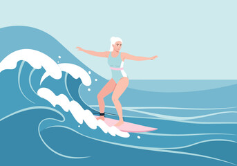 A woman in a swimsuit is surfing a wave, balancing with outstretched arms on a pink surfboard.