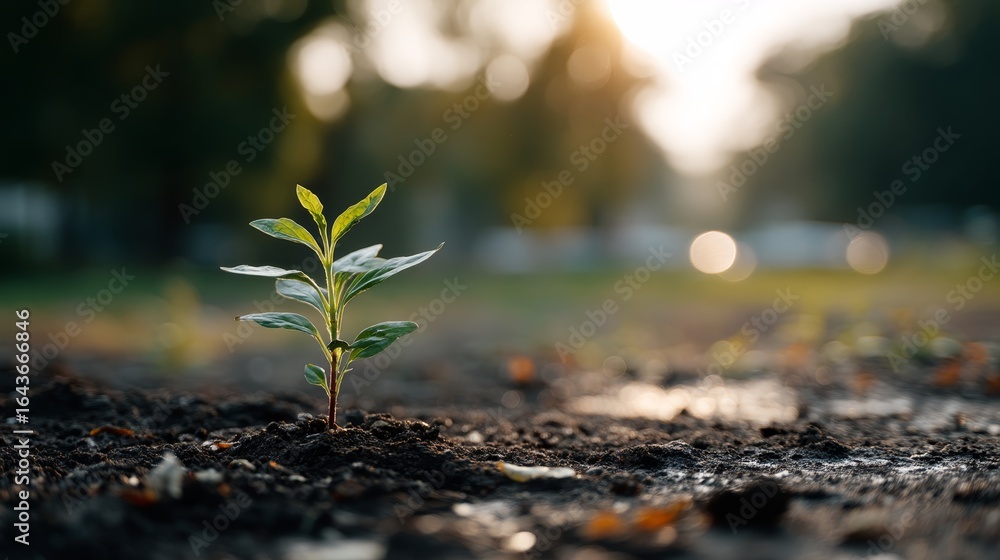 Poster closeup of a delicate green seedling sprouting from moist soil illuminated by warm sunlight, symboli