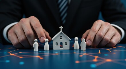 Man hands with a small church and wooden figures of people on a digital network table. Christianity and community concept.