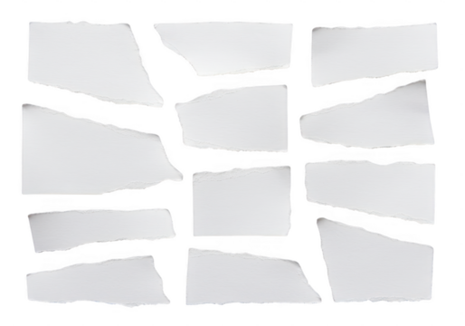 Collection of torn paper pieces isolated on transparent background