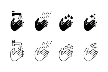 Washing hands icon set. Healthcare wash hands process with rinse water, tap, soap, and safety icons. Clean hands icon vector.