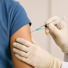 Close-up of a medical professional wearing white gloves administering an injection into a patient's upper arm, with visible syringe and gentle hand placement. Concept of vaccination, healthcare  