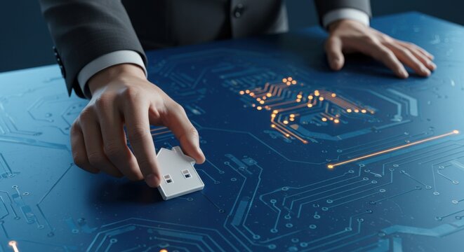 Man's hand placing a white house model on a glowing blue circuit board. Smart home technology and automation concept for real estate.