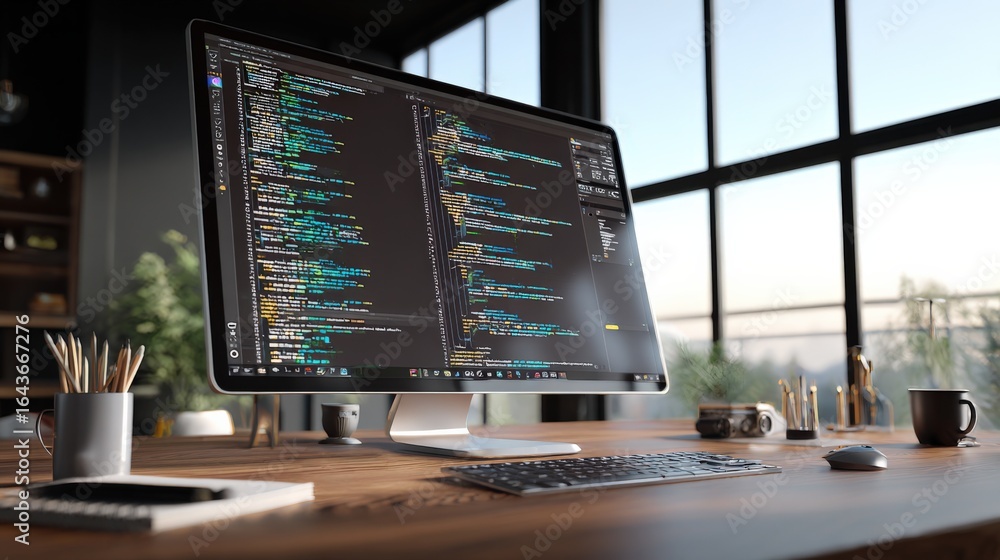 Poster workspace with computer displaying code, keyboard, pencils, and a mug on wooden table, background wi