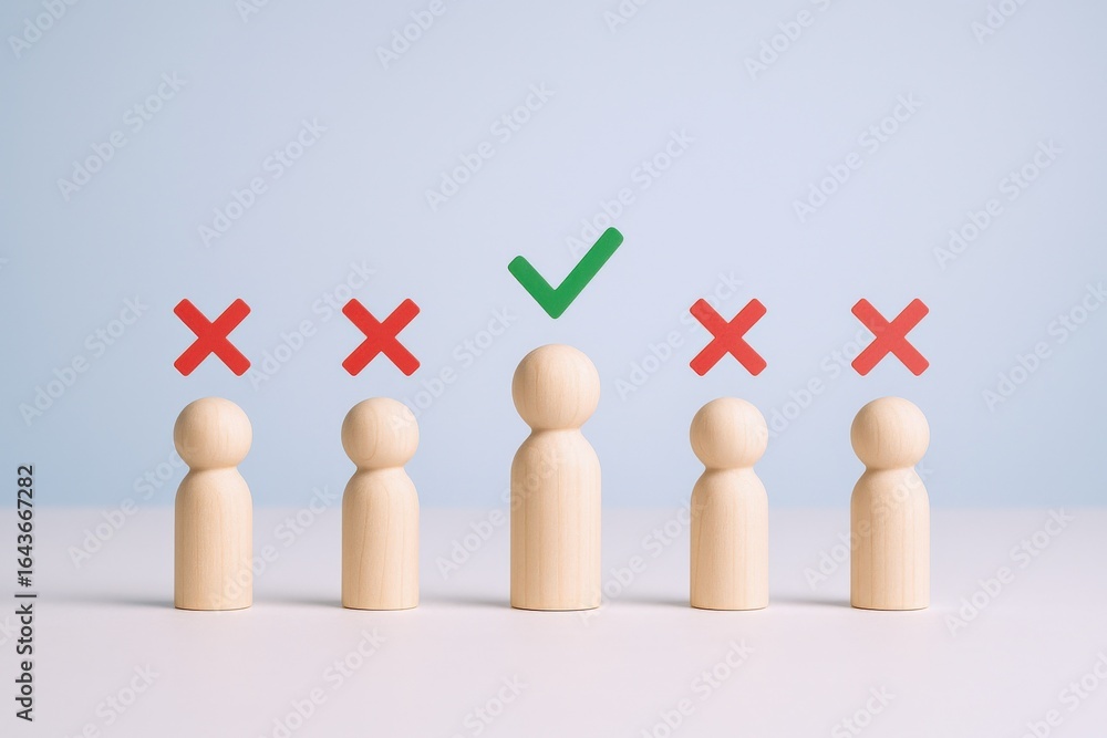 Poster successful candidate selection process: wooden figures with green checkmark and red cross marks on b