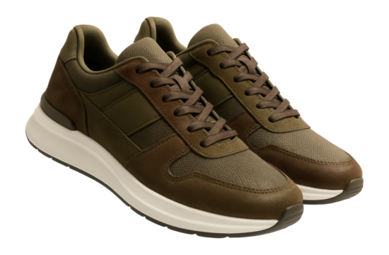 Lace-up sneakers with mixed-material upper in earthy tones and contrasting white sole.
