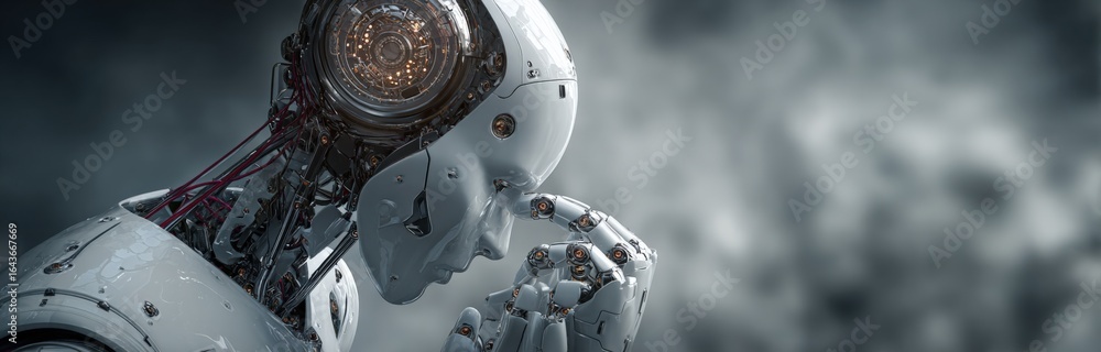 Aufkleber futuristic robot deep in thought: artificial intelligence concept and technological advancement