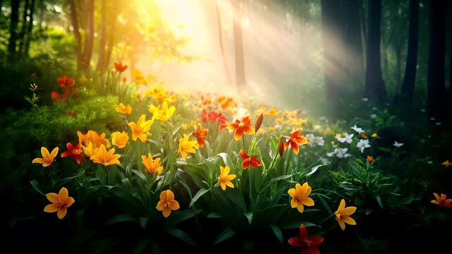 A vivid, sunlit meadow with a variety of flowers, including lilies and daisies, set against a backdrop of a dense forest. The scene is bathed in a warm, golden light that filters through the trees.