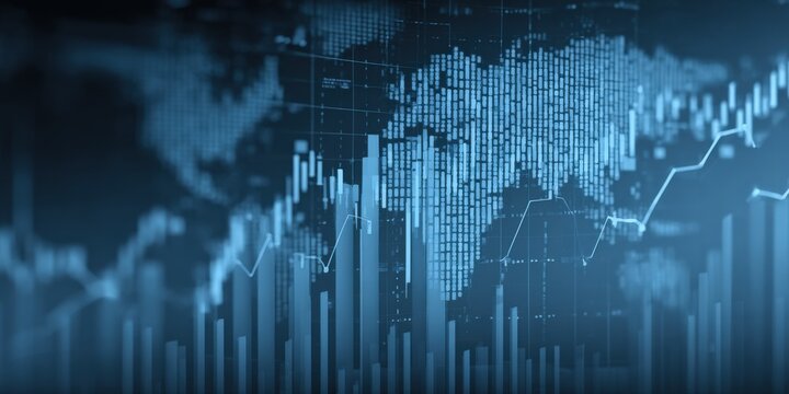 Global Market Analysis: Financial Data Visualization with World Map Overlay in Blue Tones