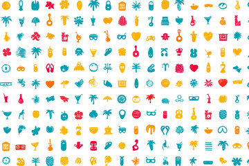 Aloha Surf Tropical Paradise Icons Seamless Pattern with Turquoise Magenta and Orange Gradient Palms and Sunshine
