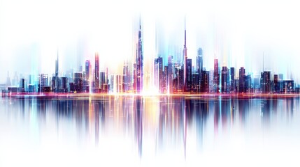 Obraz premium Abstract Cityscape Illustration with Vibrant Light Reflections on White Background for Modern Design