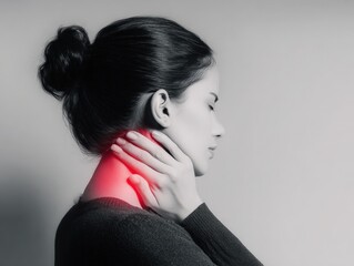 Fototapeta premium Woman Experiencing Neck Pain: Sore Muscles, Injury, Inflammation, and Discomfort in Monochrome with Red Highlight