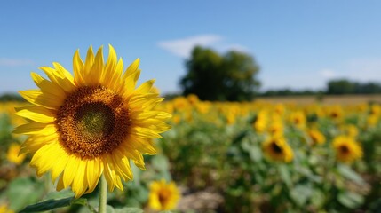 Obraz premium Vibrant Sunflower in Full Bloom Amidst a Field of Golden Sunflowers on a Sunny Day