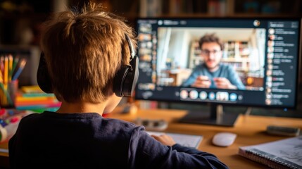 Boy Engaged in Online Learning with Teacher During Homeschooling, Wearing Headphones and Looking at Screen