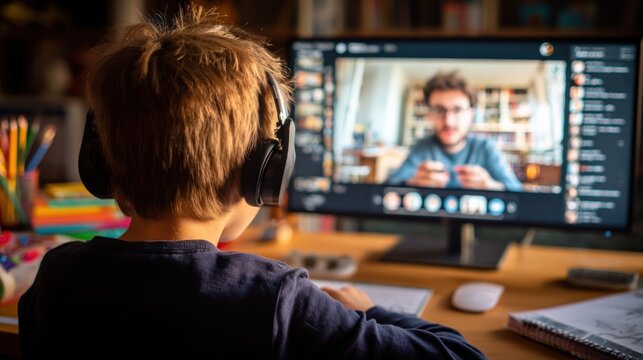 Boy Engaged in Online Learning with Teacher During Homeschooling, Wearing Headphones and Looking at Screen