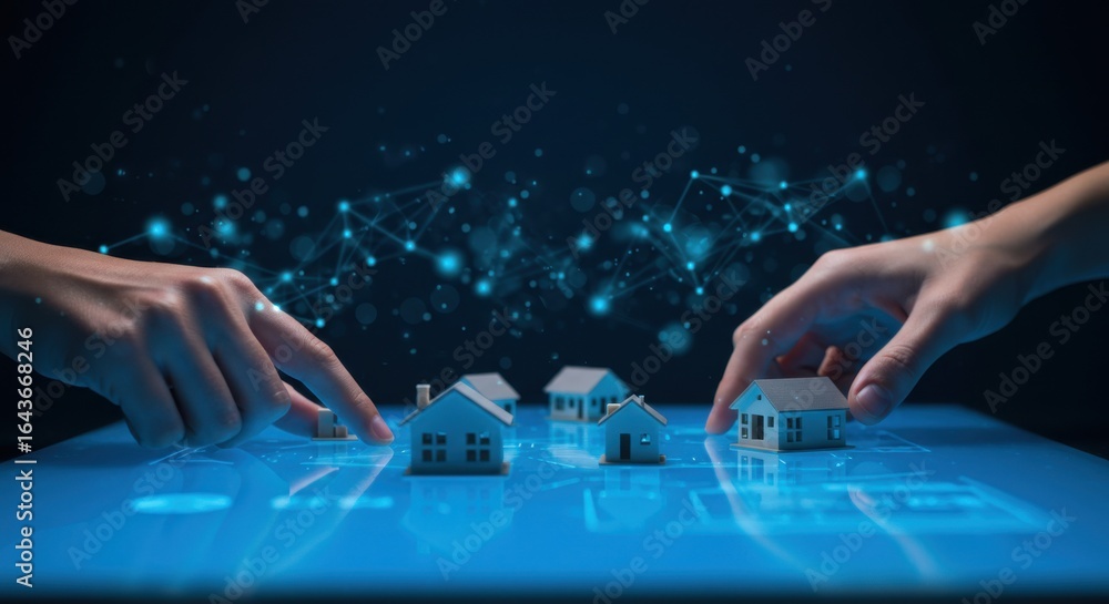 Aufkleber woman hand interacting with house models on a futuristic table. smart home concept using augmented r