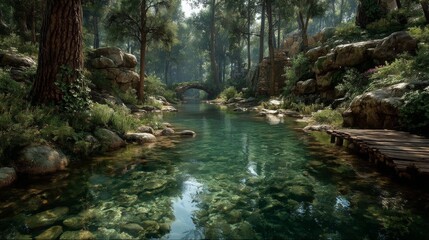 Fototapeta premium A clear, shallow river flows through a lush green forest, with mosscovered rocks and trees lining the banks, illuminated by dappled sunlight filtering through the canopy