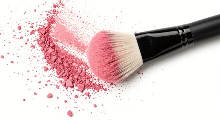 Blush brush applying pink powder for makeup application. The image highlights cosmetic beauty and artistic face design.