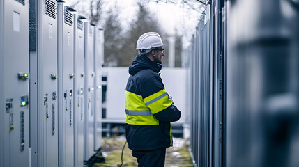 Technician battery storage system monitoring renewable energy safety outdoor winter professional inspection engineer power facility