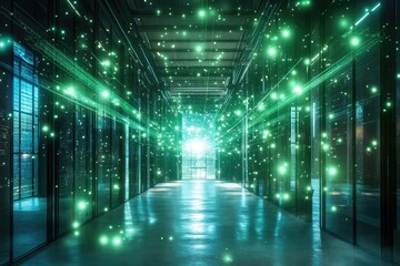 A futuristic hallway with glass walls, glowing green particles floating in the air, and bright beams of light converging at the end, creating a sense of depth and technological advancement
