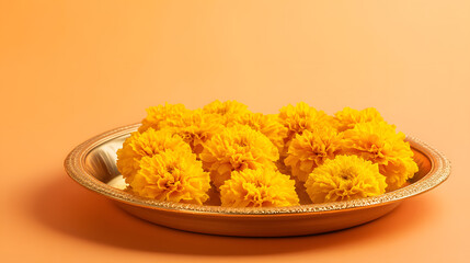 Marigold flower ceremonial tray gold yellow traditional Thai isolated decorative celebration offering vibrant festive floral culture