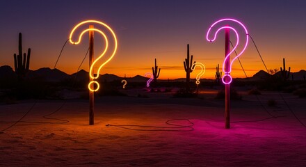 Neon question marks illuminate a desert landscape at dusk, symbolizing curiosity, uncertainty, and the quest for answers.