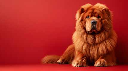 Fototapeta premium Majestic Tibetan Mastiff dog sitting on red background, fluffy fur, calm expression, large breed, indoor studio portrait