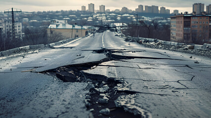 an asphalt road divided by an earthquake