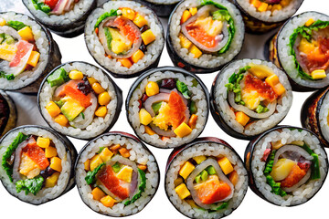 A close up shot of assorted sushi rolls with various fillings on a white background