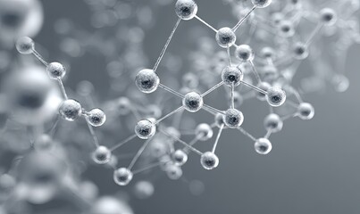 Abstract 3D rendering of a complex metallic molecular structure, interconnected spheres and thin rods against a muted grey background