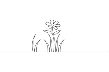 Minimalist continuous one line drawing of a flower with grass on a white background, perfect for modern art