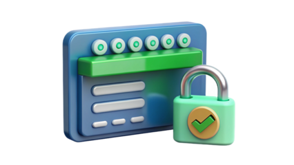 Computer security login form with password and padlock and green check mark 3d illustration 
