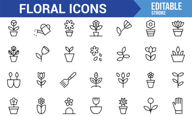 Set of Nature Icons Featuring Potted Flowers and Gardening Accessories
