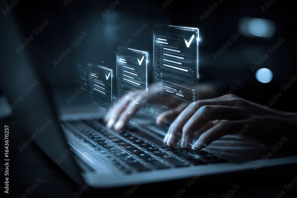 Poster digital document management on laptop with online approvals and electronic signature concepts, showc