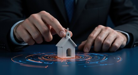 Man installing a small white church building model on a digital illuminated background. Concept of modern christianity, future of religion.