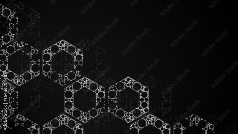 Poster monochrome vector with halftone hexagon grid and chaotic circular lace on black background. abstract