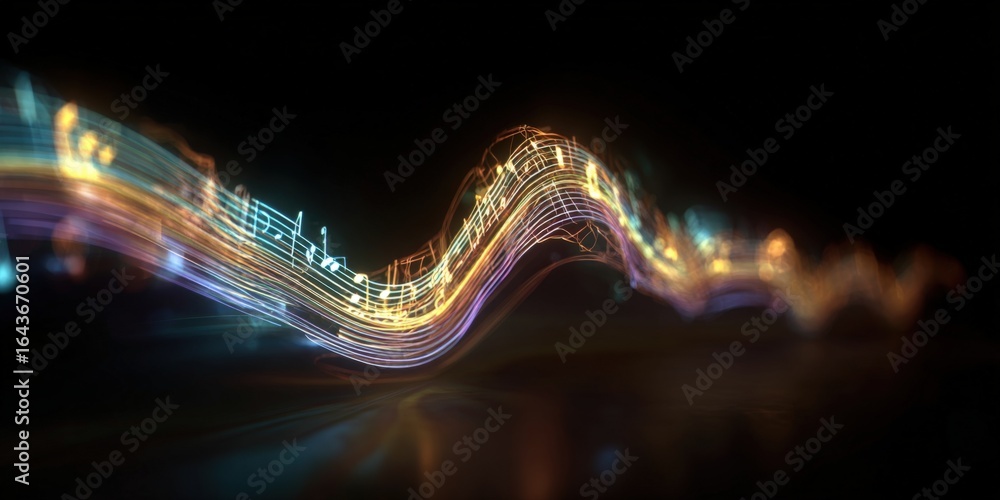 Poster abstract musical wave with glowing notes: an elegant design for creative music concepts