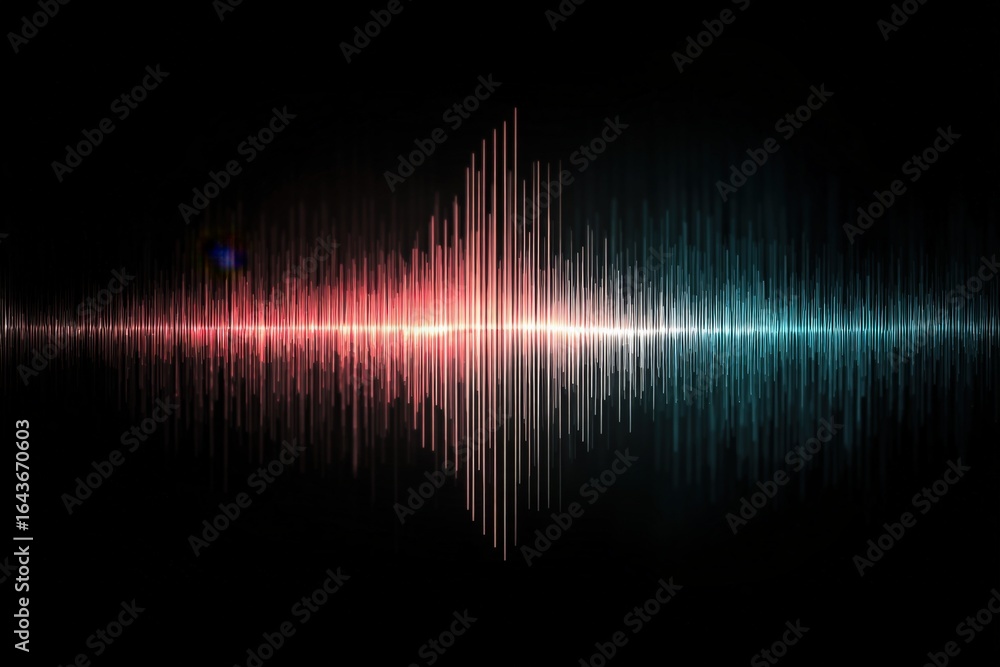 Poster abstract audio waveform visualization with red and blue light spectrum on black background