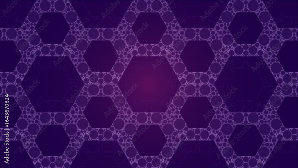 Poster neon vector background with colorful glowing hexagons, random circular lace, pink ornamental element