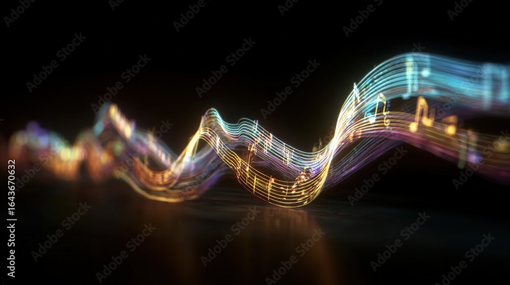 Poster dynamic musical waveform: abstract representation of sound and rhythm with vibrant colors on black