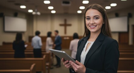 A young woman holds a tablet and smiles in a church setting. Modern Christian community and digital worship concept for religious events.