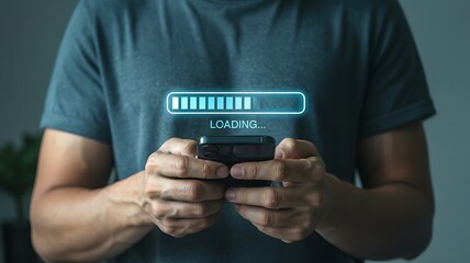 Person holding a smartphone displaying a digital loading bar with the word loading underneath representing progress or waiting