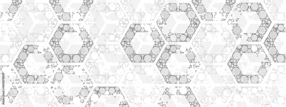 Poster monochrome vector hexagon grid with chaotic circular lace elements. abstract geometric background pa