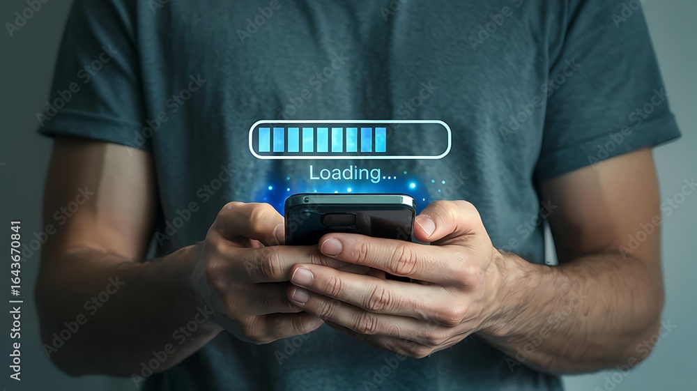 Poster person holding a smartphone displaying a glowing blue loading bar and text indicating progress or ch