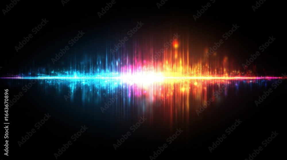 Poster vibrant abstract light spectrum with reflected patterns on a dark background, ideal for modern desig